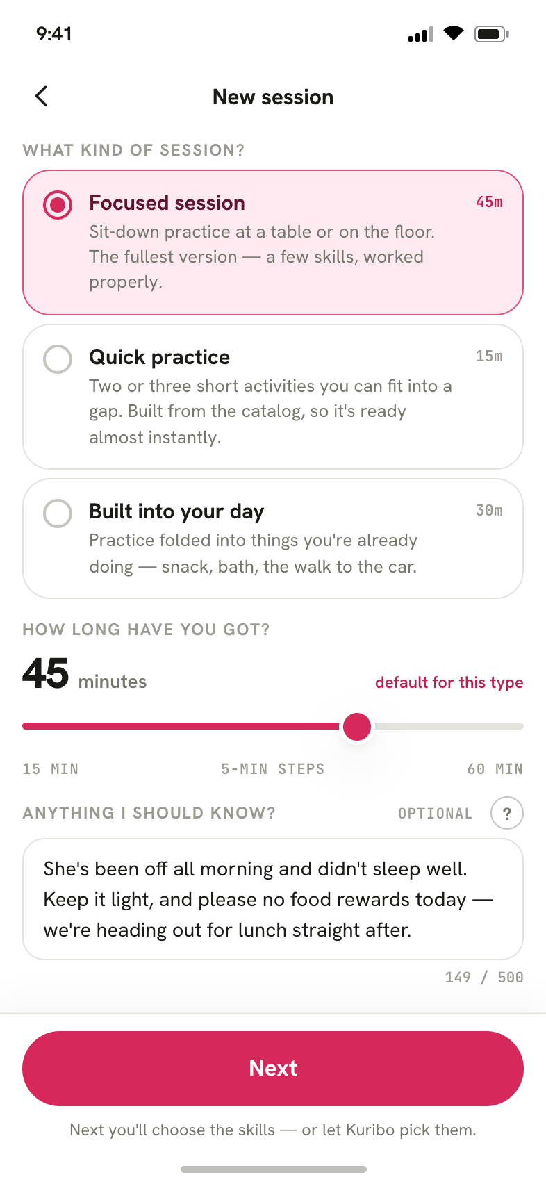 Choosing a session in Kuribo: Focused, Quick practice, or Built into your day, a length from 15 to 60 minutes, and an optional note.